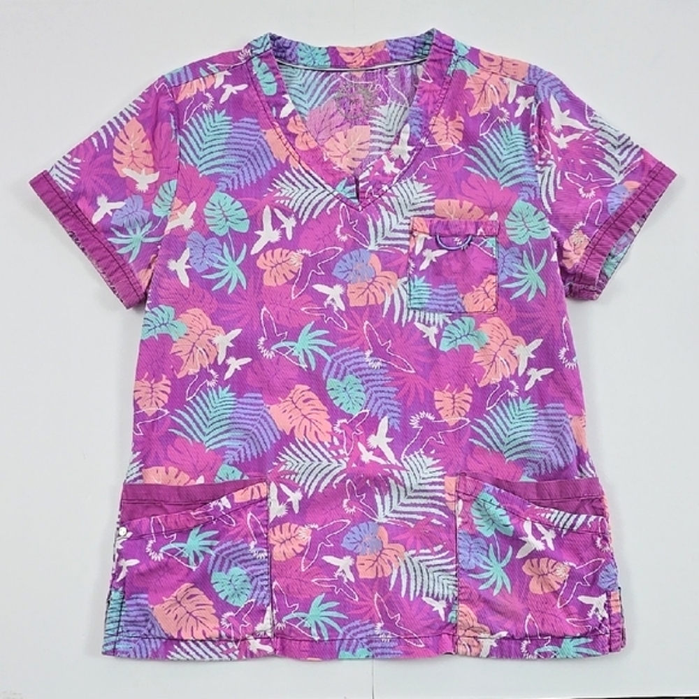 Women's Scrub Short Sleeve Top V-Neck Purple Pink Tropical Print Sz M